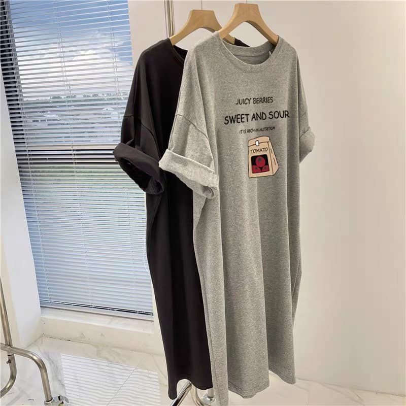 Korean Style Summer New Fashion Short-Sleeved T-Shirt Women's Mid-Length Printed Slit Dress Loose Plus Size Women's Trendy Clothing