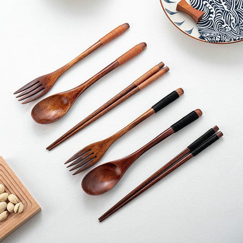 Student Solid Wood Spoon, Fork, and Chopsticks 3-Piece Set, Personal Chopsticks, Outdoor Portable Cloth Bag, Wooden Fork and Spoon, Portable