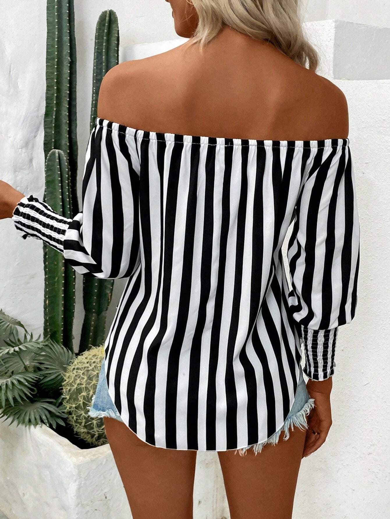 New Striped Asymmetric Loose Fashion Cross-Border Hem Off-Shoulder Lantern Sleeve Women's Blouse
