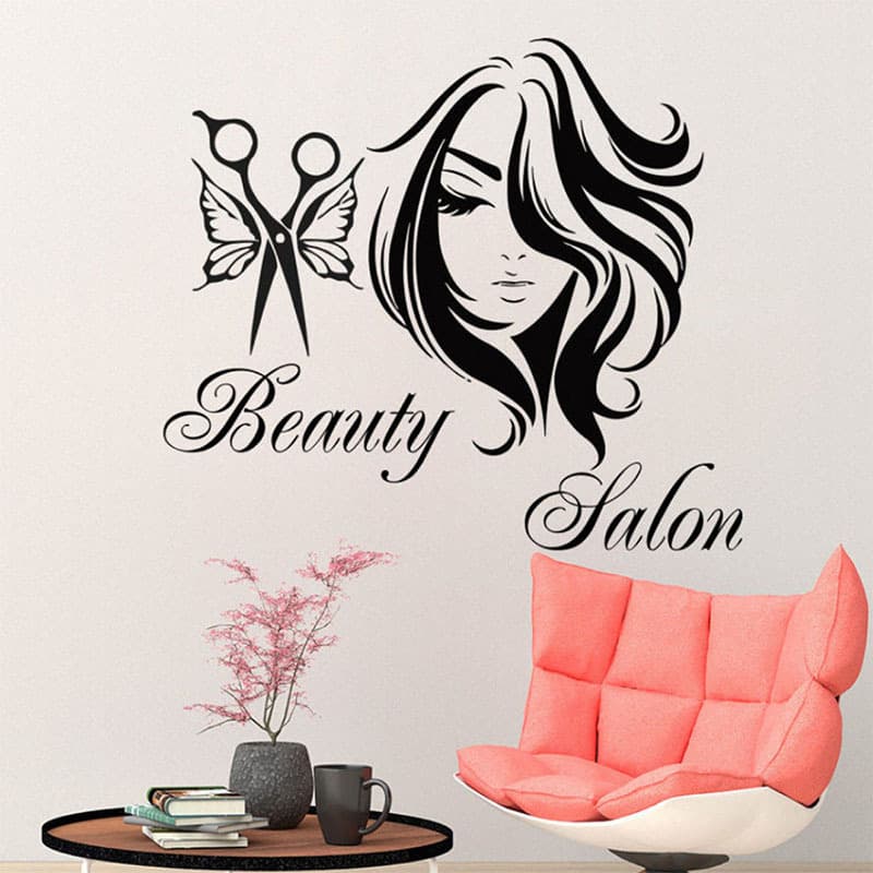 Beauty Salon Butterfly Scissors Wall Sticker for Women's Portrait, Self-Adhesive PVC Wall Decor for Salon Background