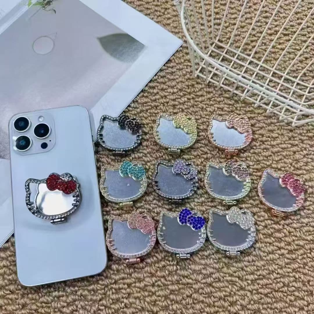 Rhinestone Hello Kitty Phone Back Sticker Portable Mirror Makeup Tool Sticky Anti-Drop Ins Rhinestone Makeup Mirror