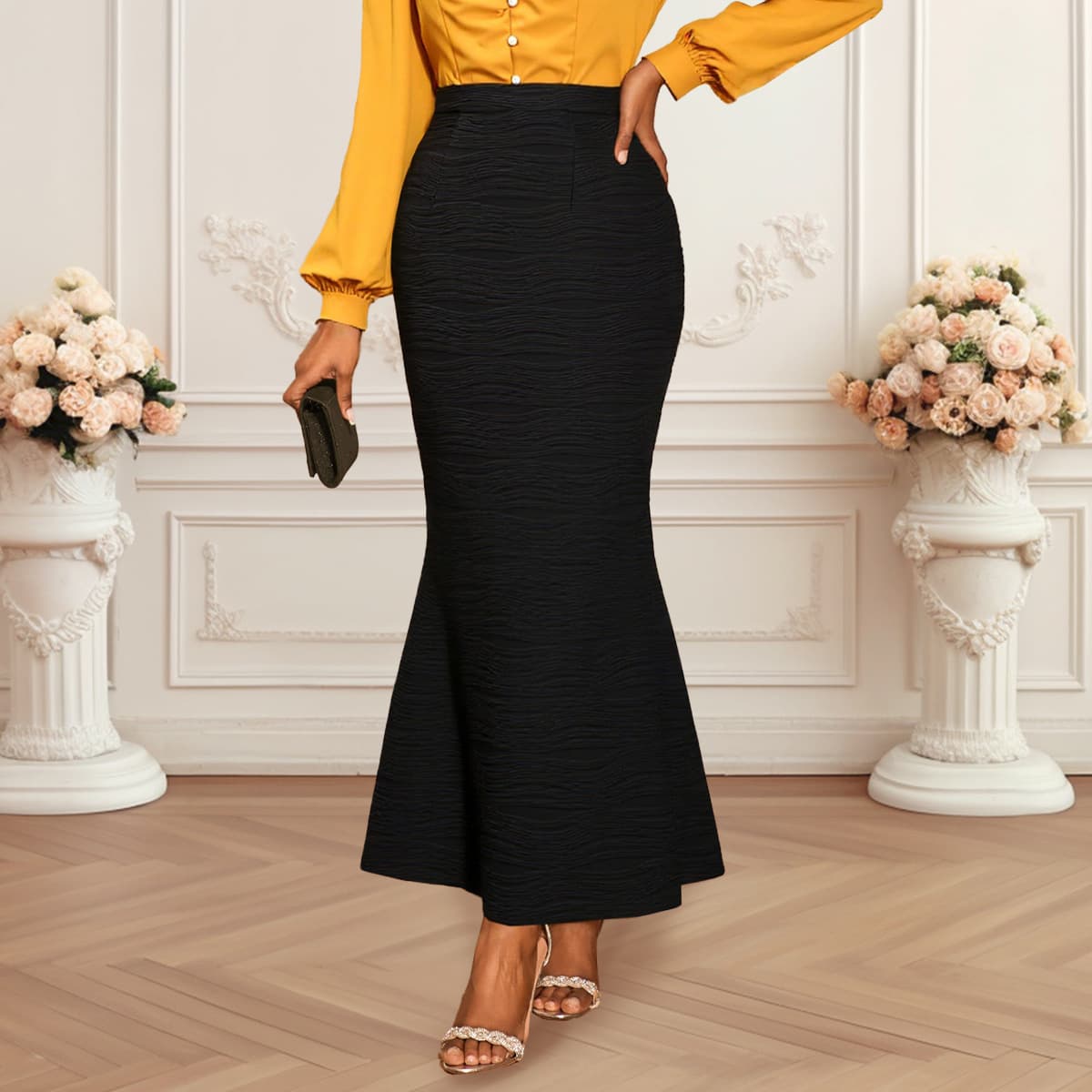 European and American Fashion Elegant Water Ripple Skirt High Waist Versatile Party Commute Slim Fishtail Bodycon Skirt