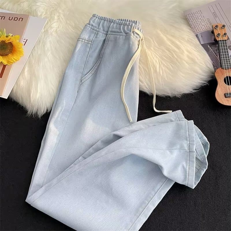 Cross-border Supply Hong Kong Style Drawstring Straight Jeans for Men Spring Autumn Korean Loose Retro Trendy Ins Versatile Wide Leg