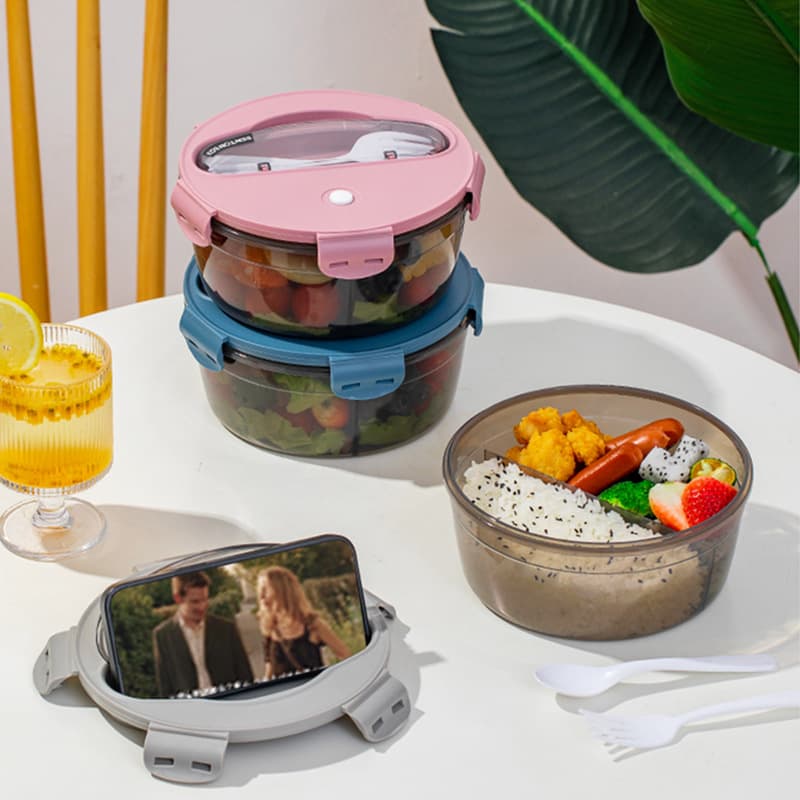 Three-Compartment Round Lunch Box with Spoon and Fork, Microwave-Safe, Convenient Lunch Box, Kitchen Fruit Storage Container, Food Box
