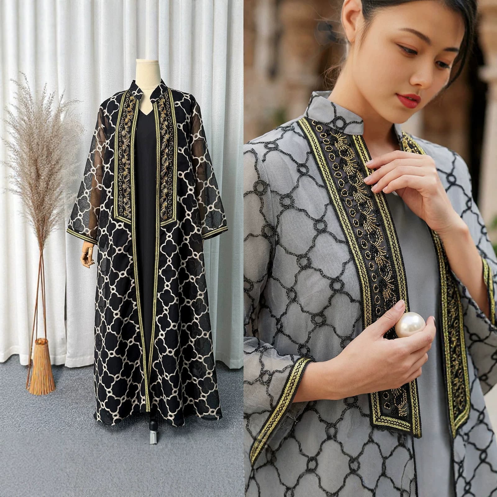 Cross-Border E-Commerce Set: Heavy Embroidery Women's Clothing with Sequins and Ribbons, 2-Piece Set Including Dress, Belt, Cardigan, and Embroidered Robe