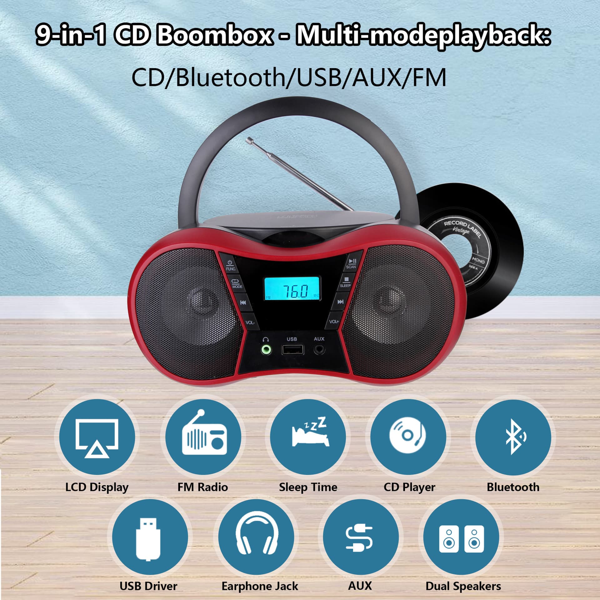 Portable Stereo CD Player Boombox with FM Radio, Bluetooth, USB