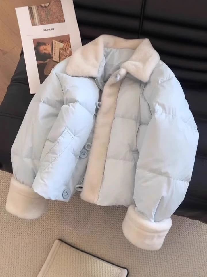 In stock blue lamb fleece patchwork sweet cotton-padded jacket 2025 winter new thick short warm loose puffer coat