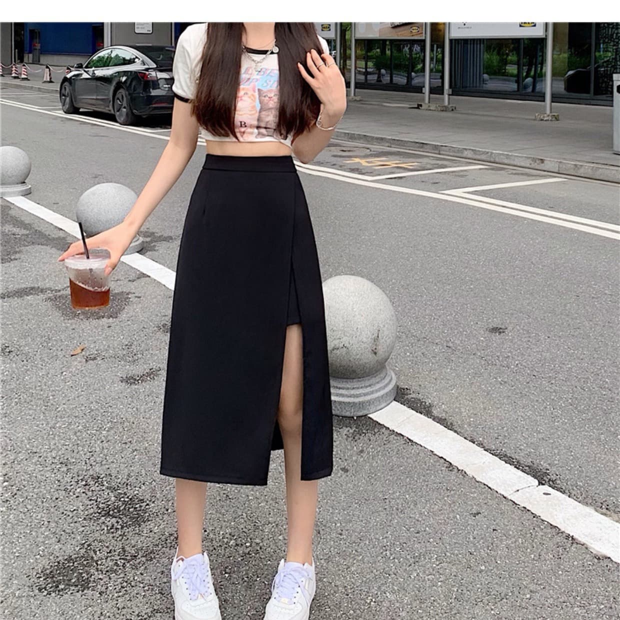Elegant Summer French Hepburn Style Black A-Line Skirt High-Waist Slimming Draped Side Slit Midi Skirt