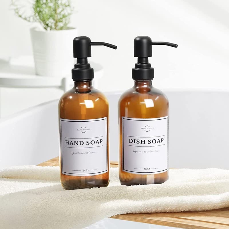 In Stock Amazon Hot Selling Amber 16oz Glass Soap Dispenser Lotion Bottle Hand Soap Bottle Stainless Steel Pump