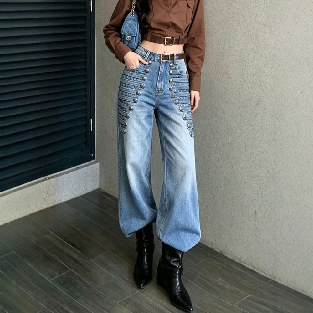 American Retro Y2K Metal Button Washed Jeans for Women, Wide-Leg Loose Straight-Leg Floor-Length Trendy Pants