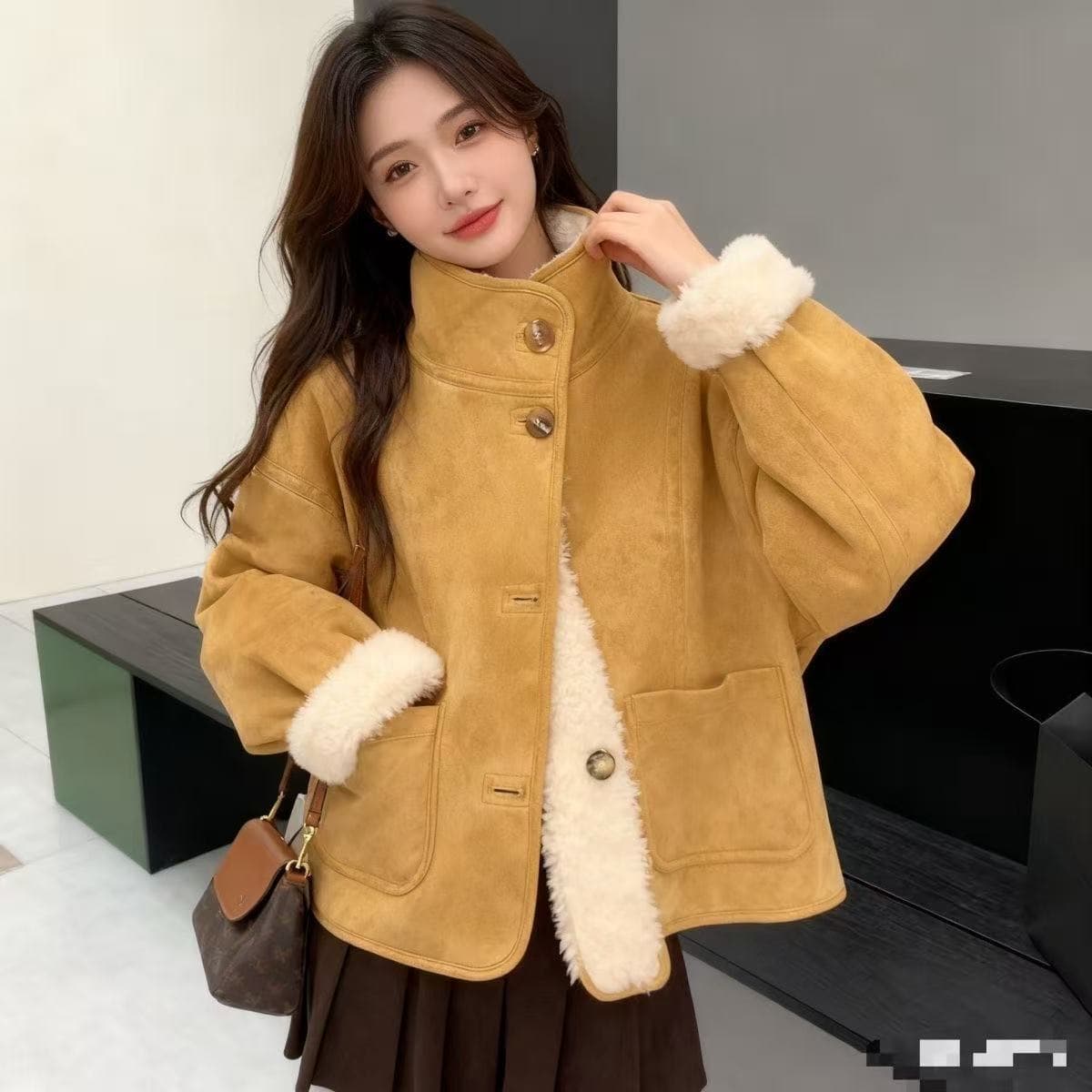British style retro brown fur collar woolen coat 2025 autumn and winter loose thickened warm and cold-proof woolen coat