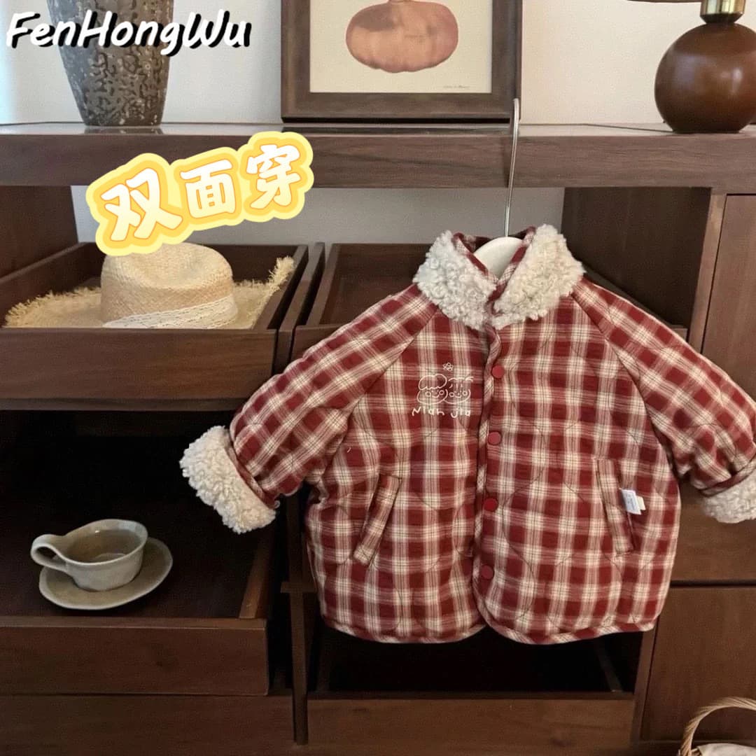 [Pink House] Girls' Reversible Cotton Coat, Thickened Warm Winter Jacket, New Plaid Stand Collar