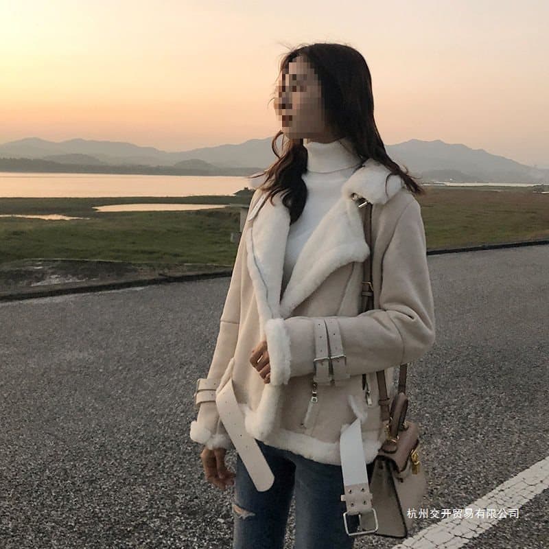 Imitation Suede Imitation Lamb Wool Coat for Women, New Fashion Imitation Fur-Integrated Fleece Thickened Short Motorcycle Jacket Winter