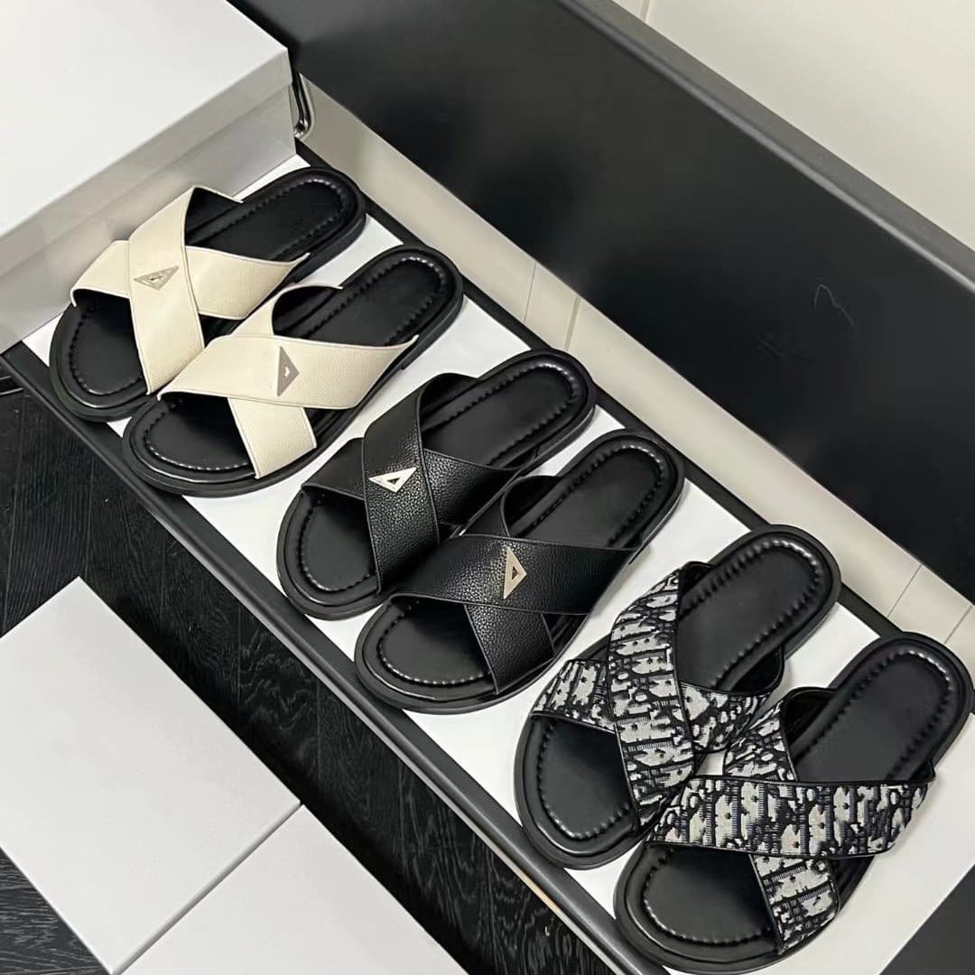 New Cross-Border D Brand Men's Slippers 2025 Summer Outdoor Flat Travel Cross Strap Genuine Leather Printed Slide Sandals