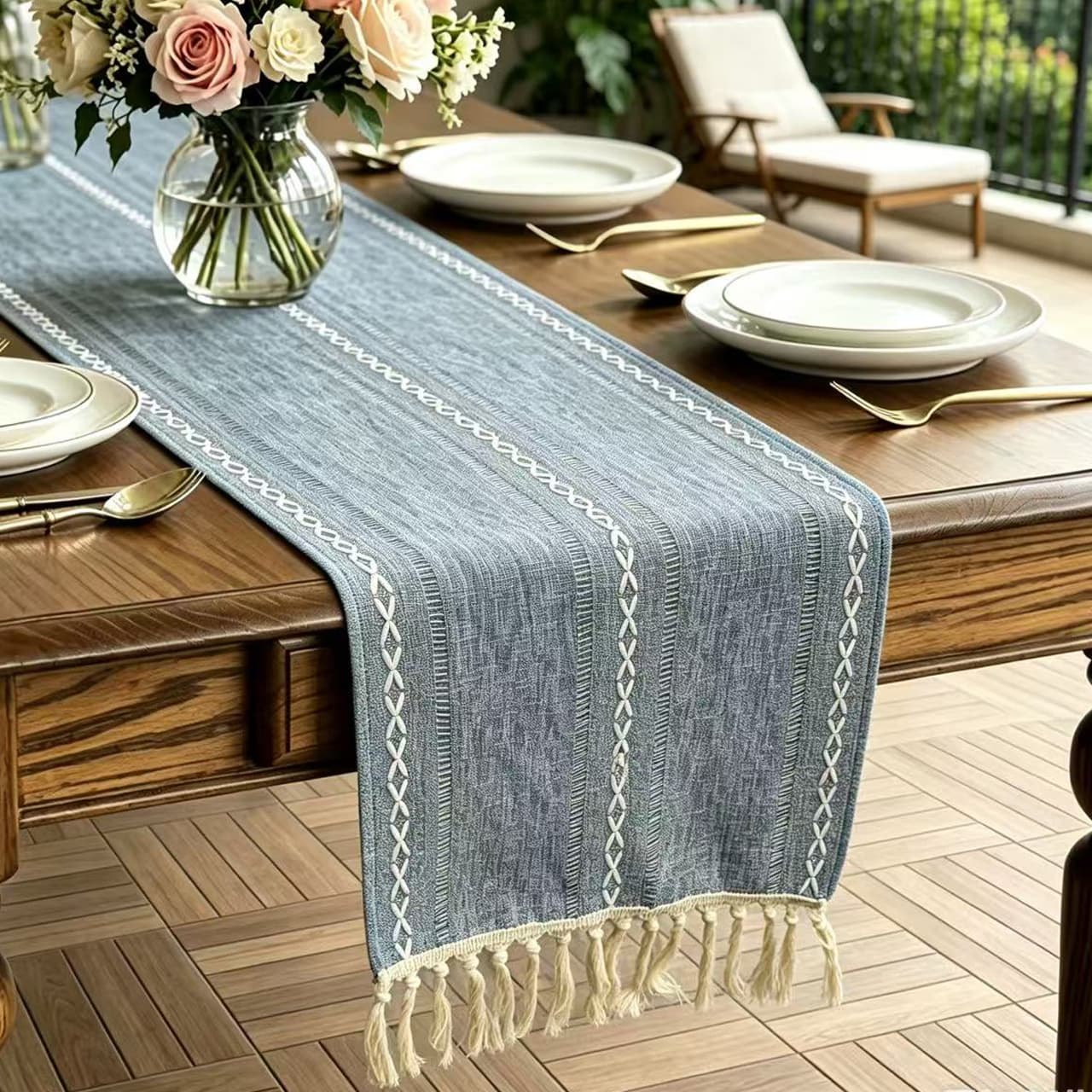 2026 new American cotton and linen knitted striped table runner with tassels long coffee table TV cabinet tablecloth long table runner