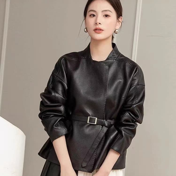 Slim-fit Autumn Leather Jacket, Hong Kong Style, Vintage Chic, Short Leather Coat for Petite Women, Trendy