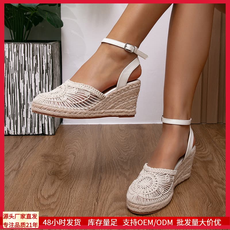 Women's Summer New Style High Heel Woven Rope Wedge Sandals, European and American Resort Style, Large Size Closed-Toe Sandals, In Stock