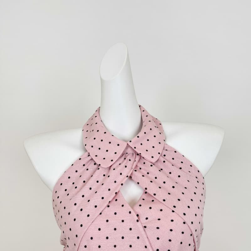 Baby doll collar relaxed retro polka dot backless halter top with pleated design in pink