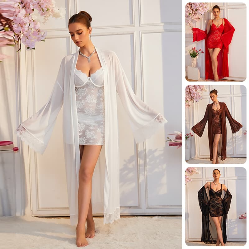 Underwired breast pads, hip-covering lace nightgown, trumpet sleeves, mesh long nightgown, two-piece set, multi-color 1228+8162