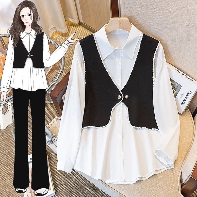 Fake Two-Piece Vest Shirt Spring Autumn Plus Size Top Women's Clothing Cover Belly Slimming Elegant Design Loose Shirt