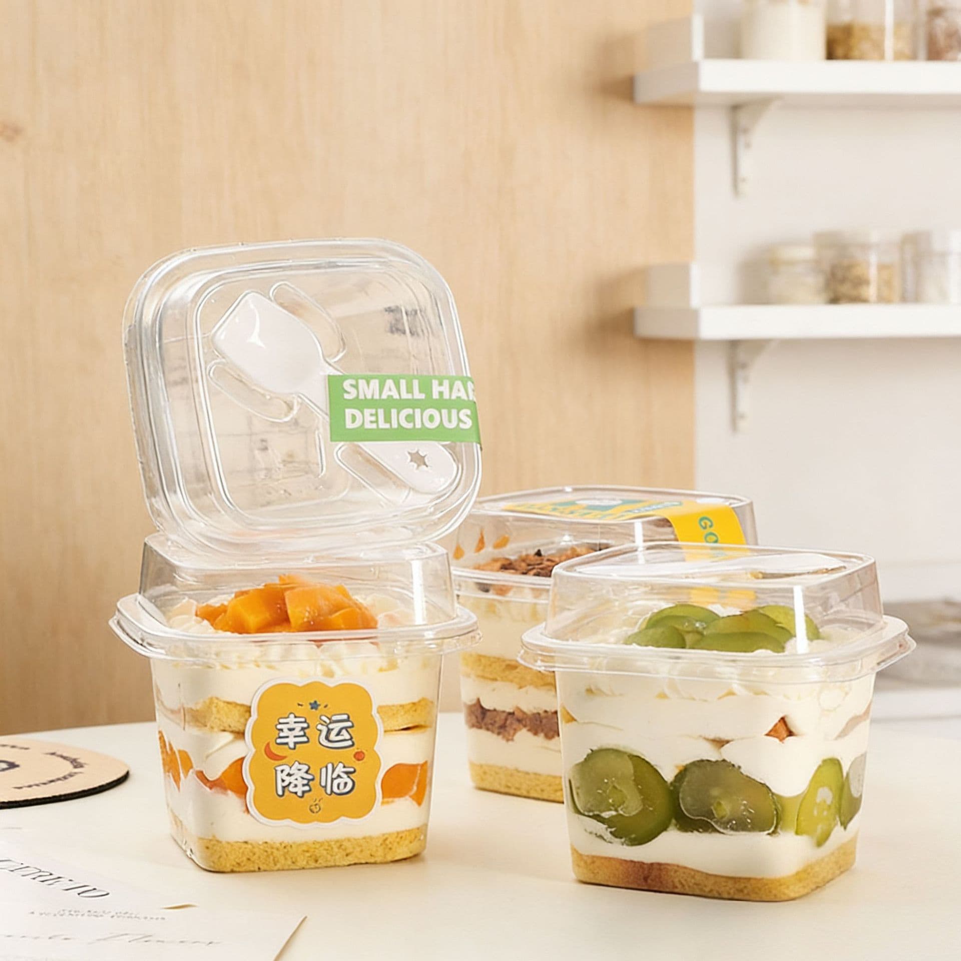 Square High Lid Mousse Box Small Cake Box with Spoon, Wood Grain Cup for Layered Fruit Yogurt Ice Cream Container