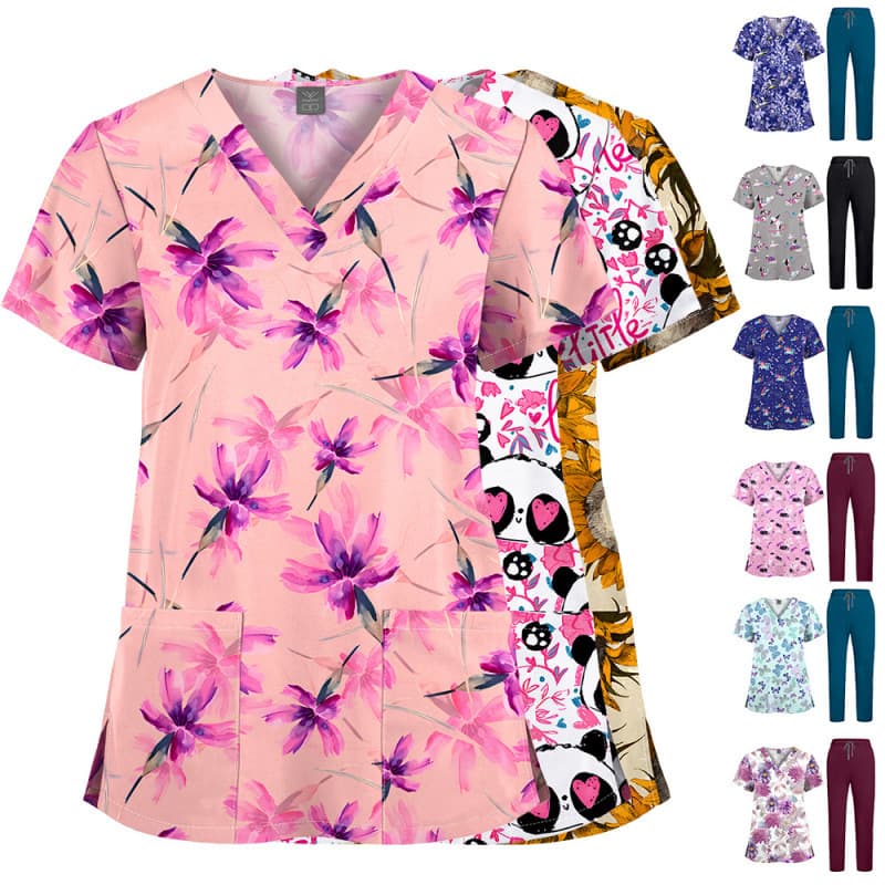 V-Neck Stretch Quick-Dry Workwear Set Nurse Uniform Cute Pattern Pediatric Clinic Scrub Top Men