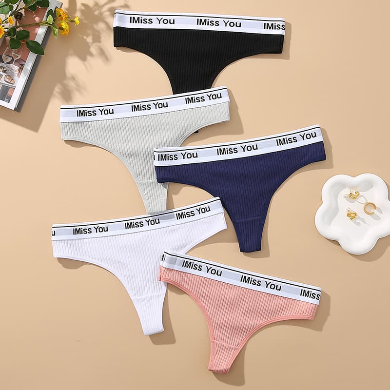 Women's Low-Rise Cotton Crotch Thong Underwear with Letter Waistband, Breathable, Seamless, Butt-Lifting, Export Quality