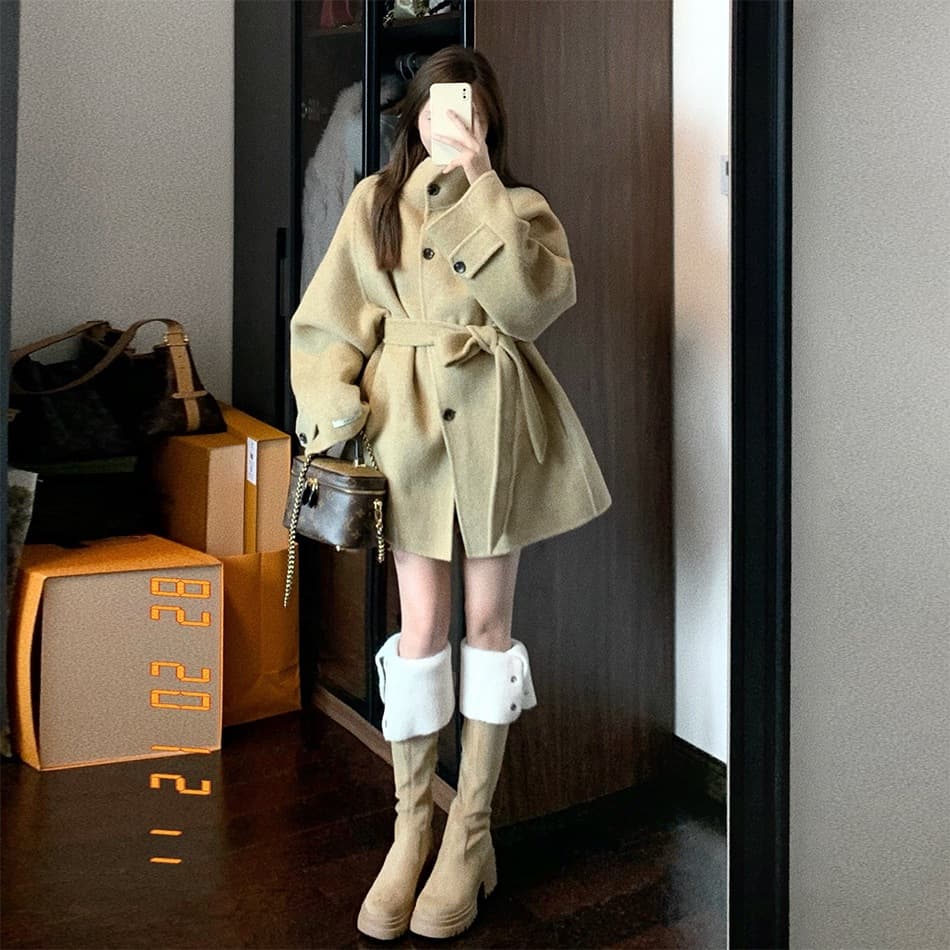 2025 autumn and winter mid-length double-faced wool coat for women, versatile tie stand collar petite short woolen coat.