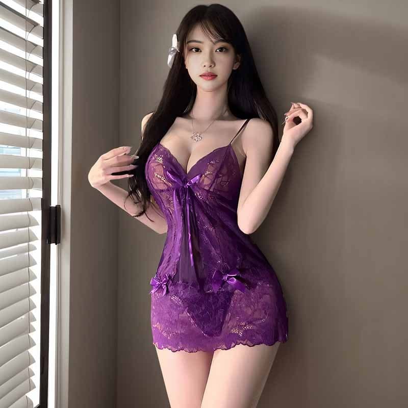 Sexy Deep V Lingerie Sheer Temptation Nightgown Pure Desire Charm Hip Lace Strap Pajama Set