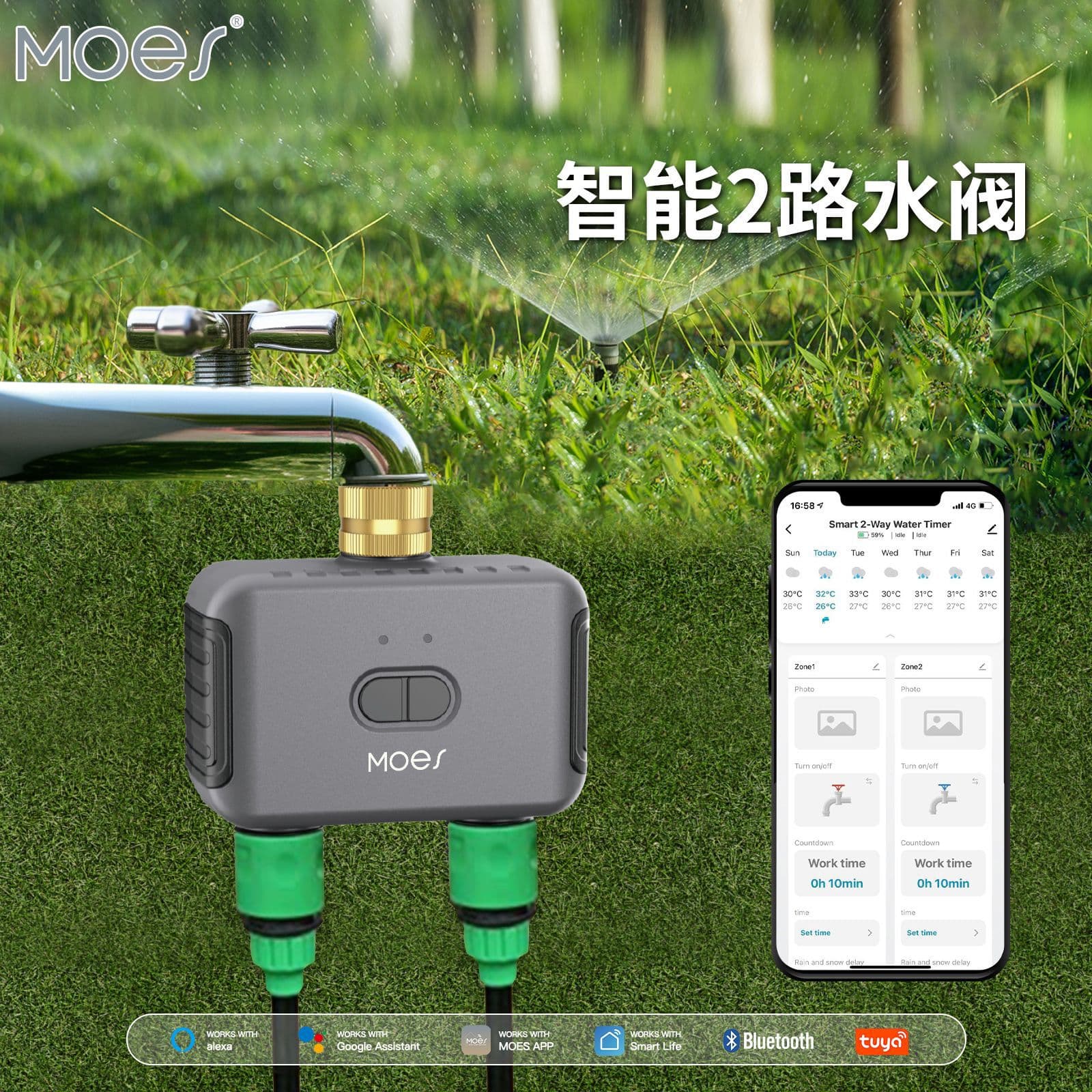 Bluetooth Smart Home Dual Outlet Irrigation Water Valve with App Remote Control for Garden Sprinkler, Agricultural and Forestry Timed Drip Irrigation Valve