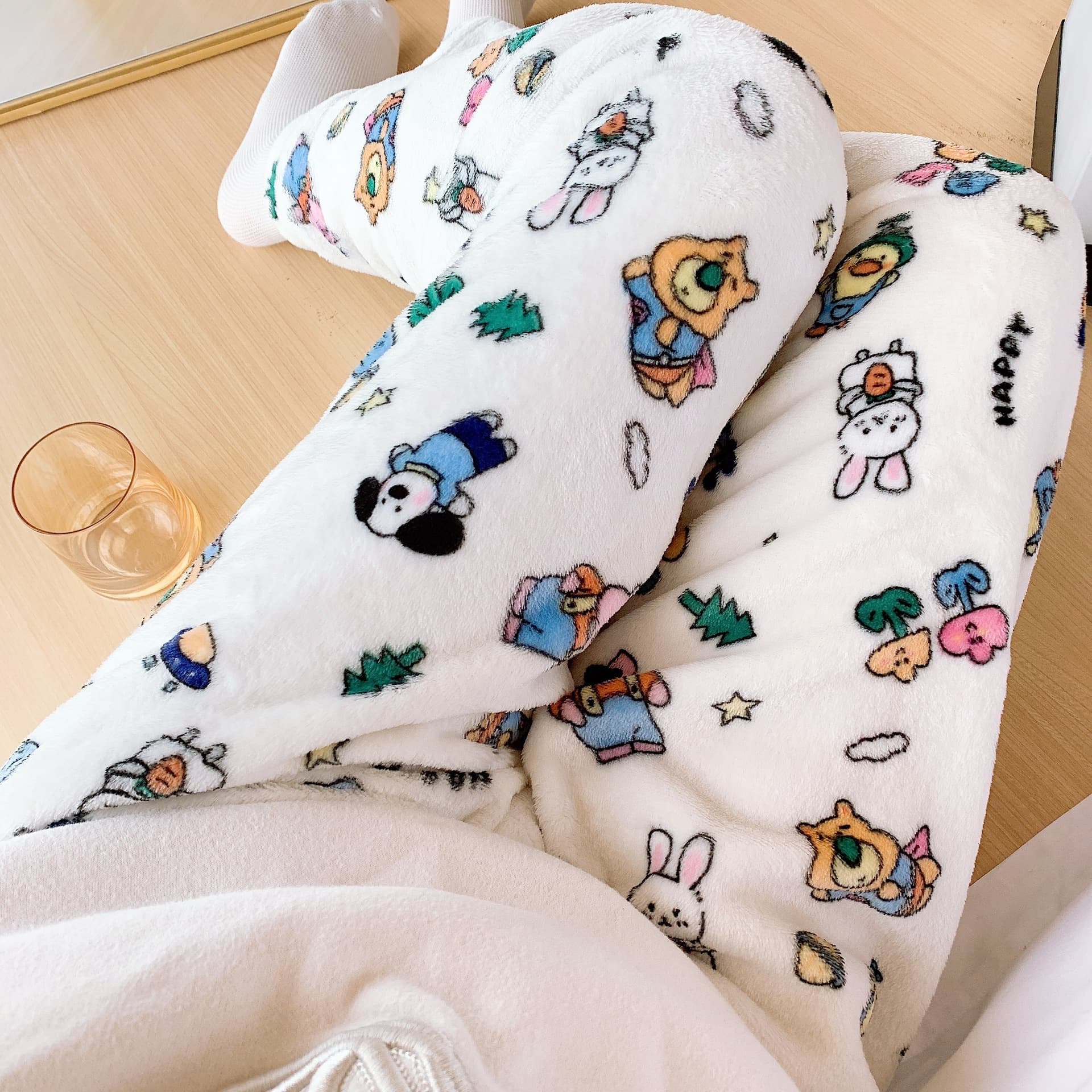 Cartoon Flying Animal Flannel Sleep Pants for Women, New Autumn/Winter Style, Coral Fleece Thickened Warm Casual Home Pants
