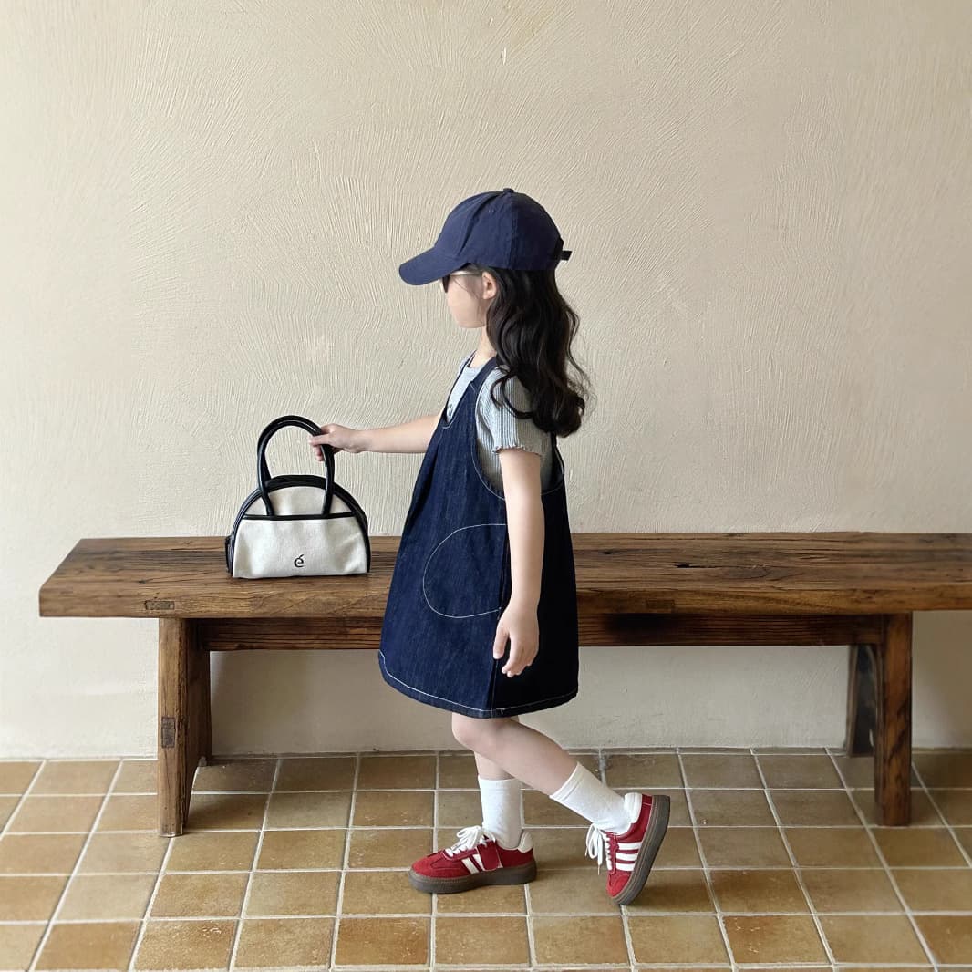 Girls' Korean-style Overalls Dress 2025 Summer New Arrival Mid-to-Small Children Baby Solid Color Denim Vest Dress with Ribbed Short Sleeve T-shirt