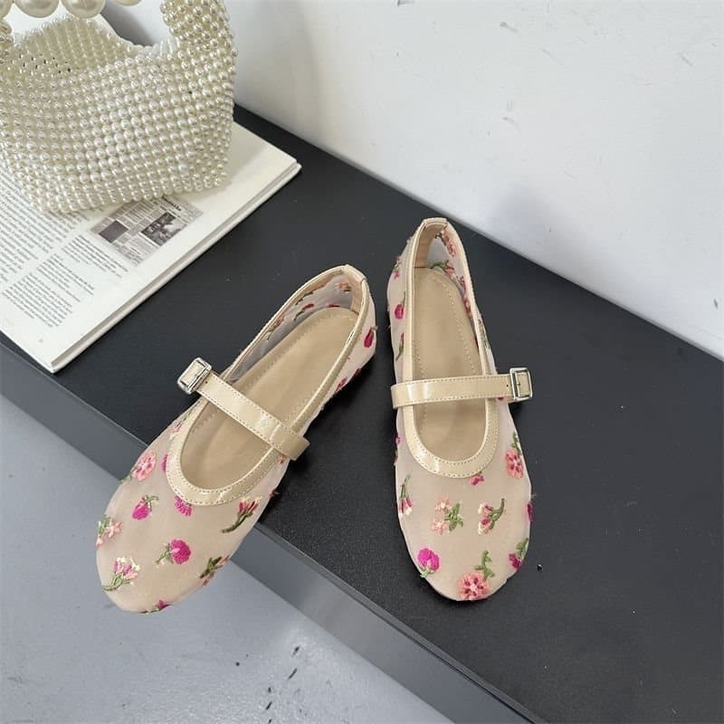 Mary Mesh Ballet Flats with Embroidery, Shallow Mouth, One-Strap, Summer New Style, Flat Heel, Breathable, Split-Toe, Kitten Heel Women's Shoes