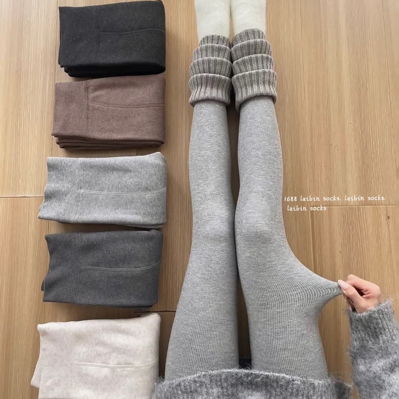 330g Vertical Stripe Cotton Leggings Grey Women Autumn/Winter New Fleece Lined Thickened Warm Thermal Pants Japanese Style Tights