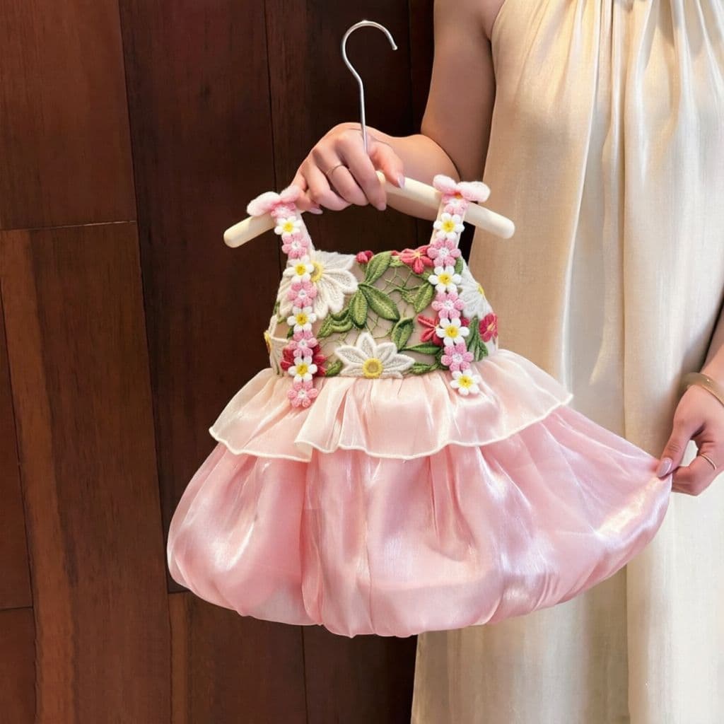 Pink Floral Strap Dress Sweet and Cute New Beautiful First Birthday Dress Fairy Beautiful Dress