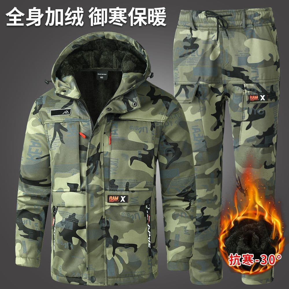 Autumn Winter Fleece-Lined Workwear Waterproof Labor Protection Cold-Resistant Thickened Wear-Resistant Camouflage Suit Work Jacket Warm