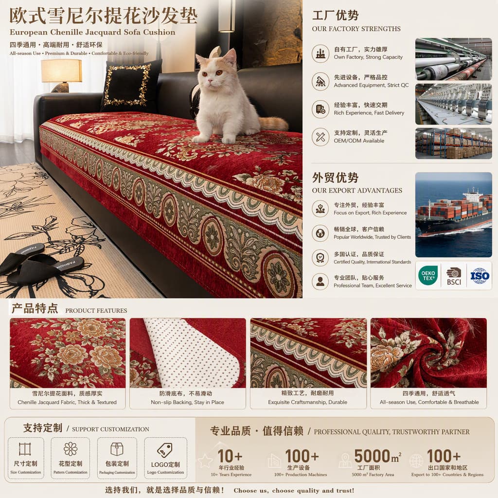 All-Season Chenille Jacquard European Style Sofa Cushion, American Premium Luxury Non-Slip Seat Cover with Backrest Cloth