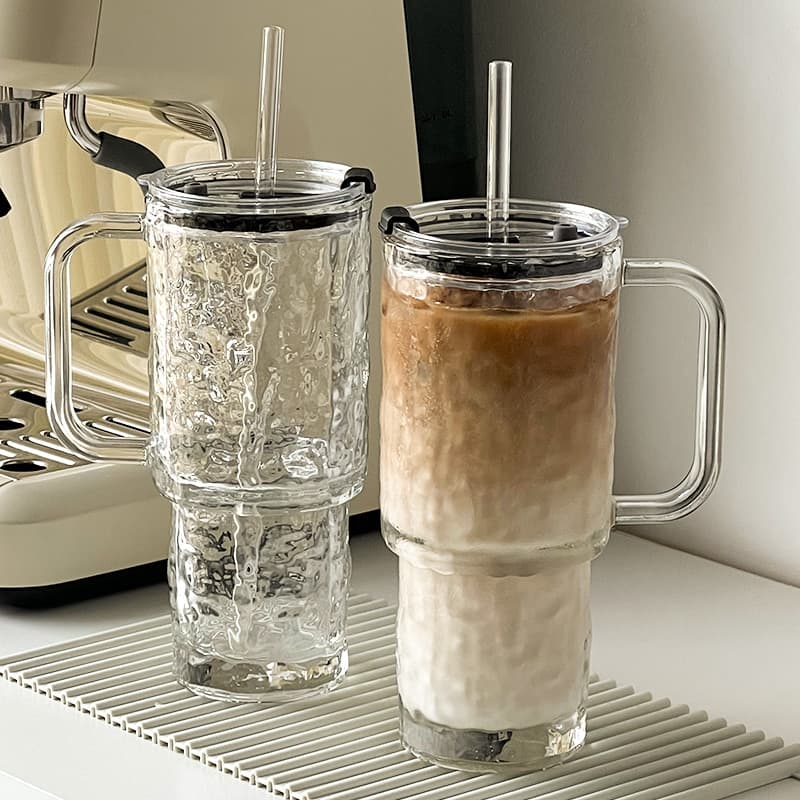 Large Capacity Glass Mug Giant with Handle, Lid, Office Straw Cup, Coffee Water Cup for Women