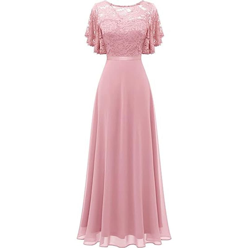 Women's Lace Chiffon Bridesmaid Formal Prom Dress Evening Gown V-Back Wedding Guest Dress
