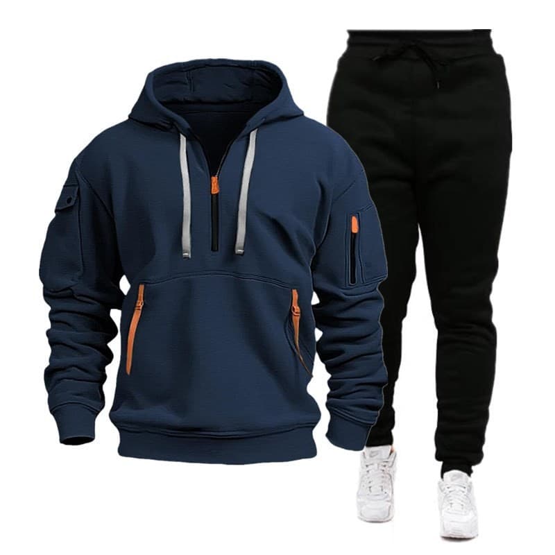 2025 Cross-Border Fall/Winter Sports Hoodie Set for Men Multi-Pocket Zipper Hoodie Sportswear Set Plain