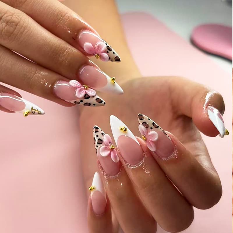 Cross-border Best Seller 24-Piece Leopard Print French 3D Floral Hand-Applied Rhinestone Long Almond Press-On Nails Finished Wholesale
