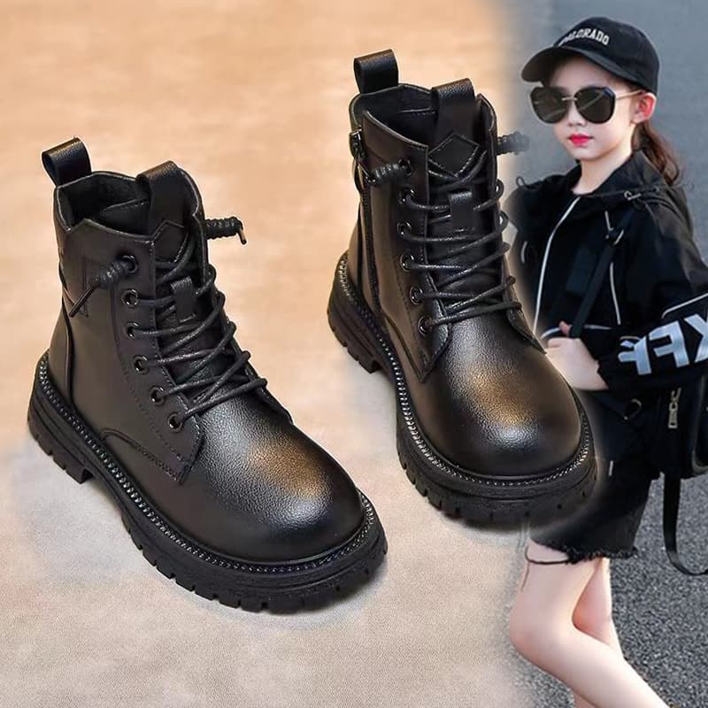 Children's Martin Boots Girls Black Leather Boots 2026 New Style Girls Single Boots Boys Short Boots Autumn Winter Fleece Lined Cotton Boots Trendy