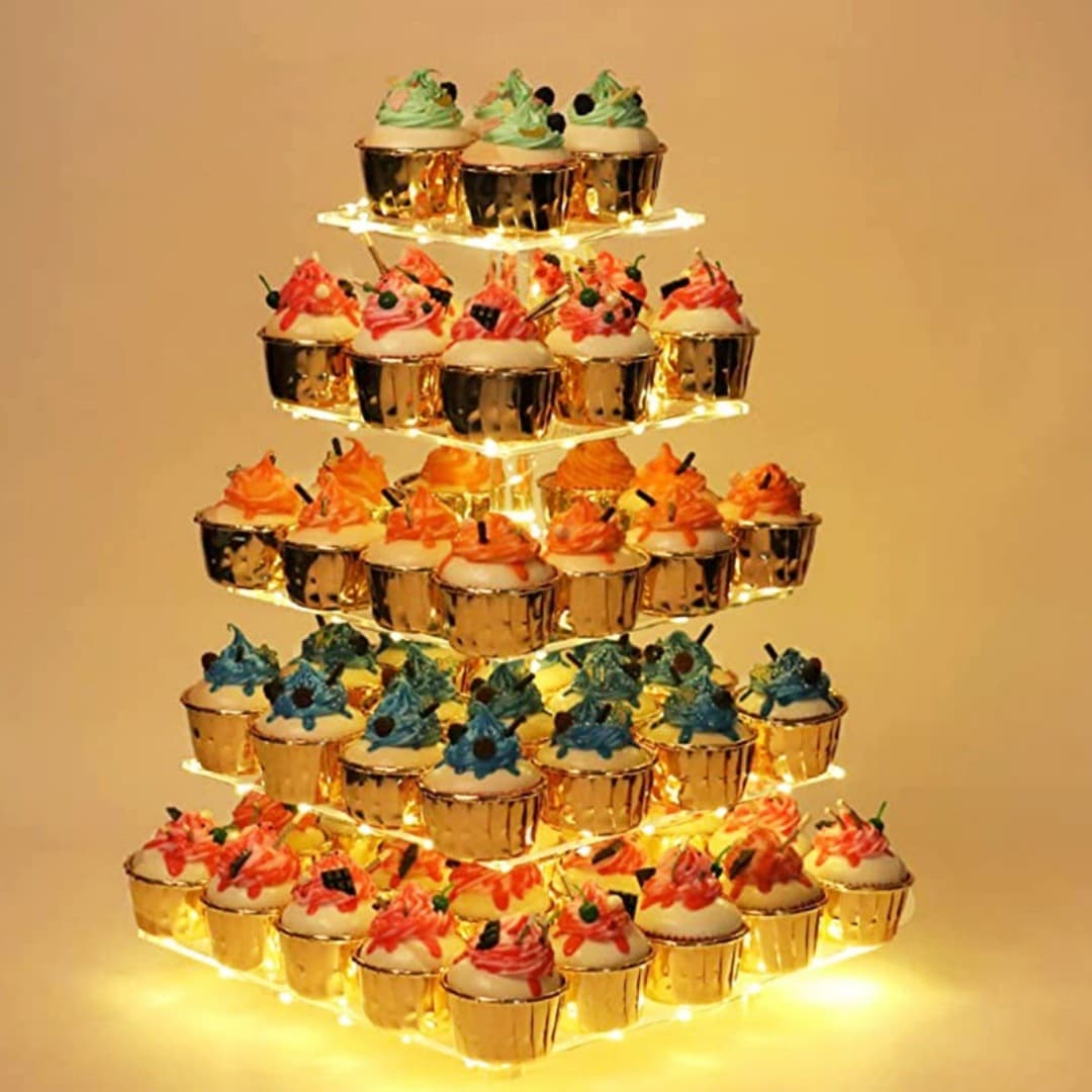 Square Acrylic Glowing Cake Display Stand with LED Light String for Birthday Wedding Cake Dessert Sweets