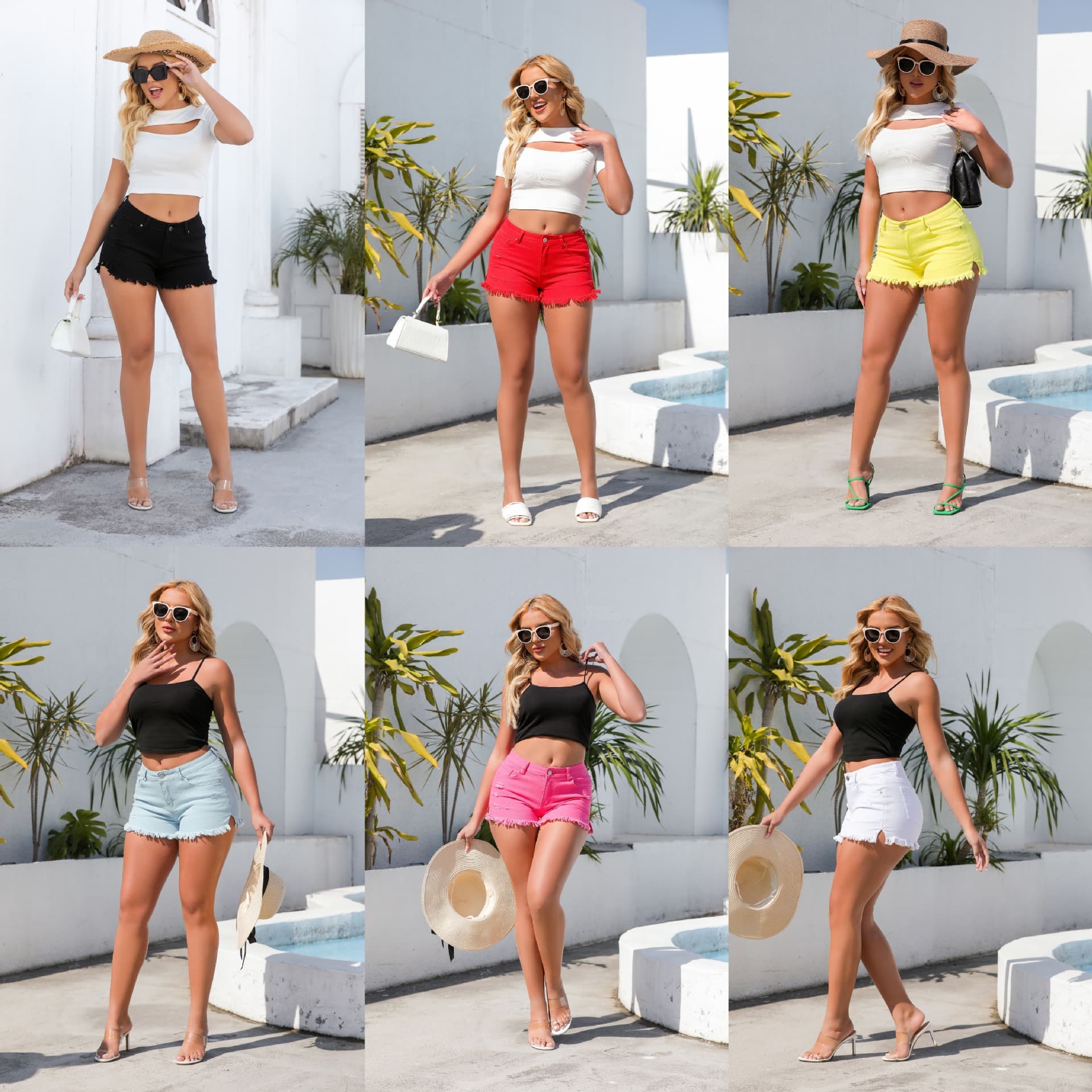 Summer New Style Independent Station Amazon Casual Washed Vintage Ripped Solid Color High-Waist Fringed Denim Shorts for Women