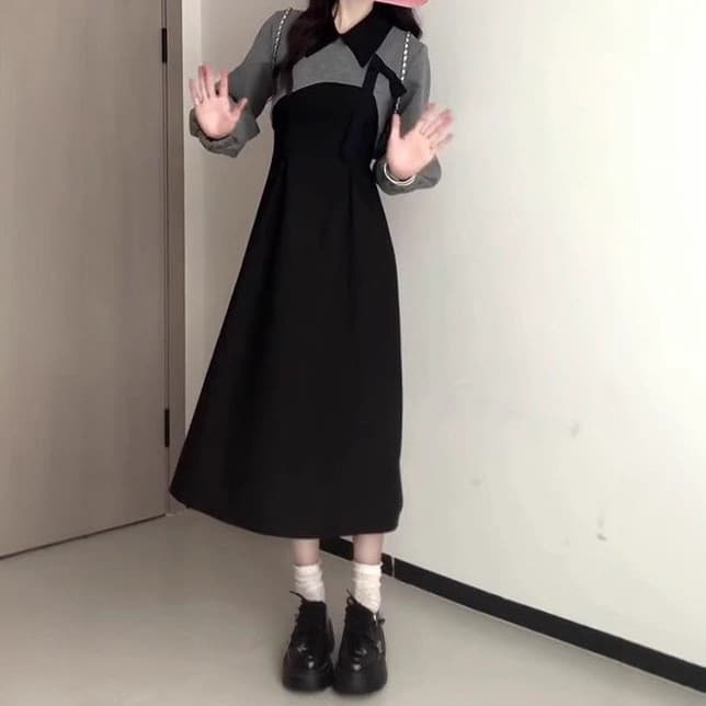 French black long-sleeved dress for women autumn and winter 2025 new half-shirt dress complete set of outfits