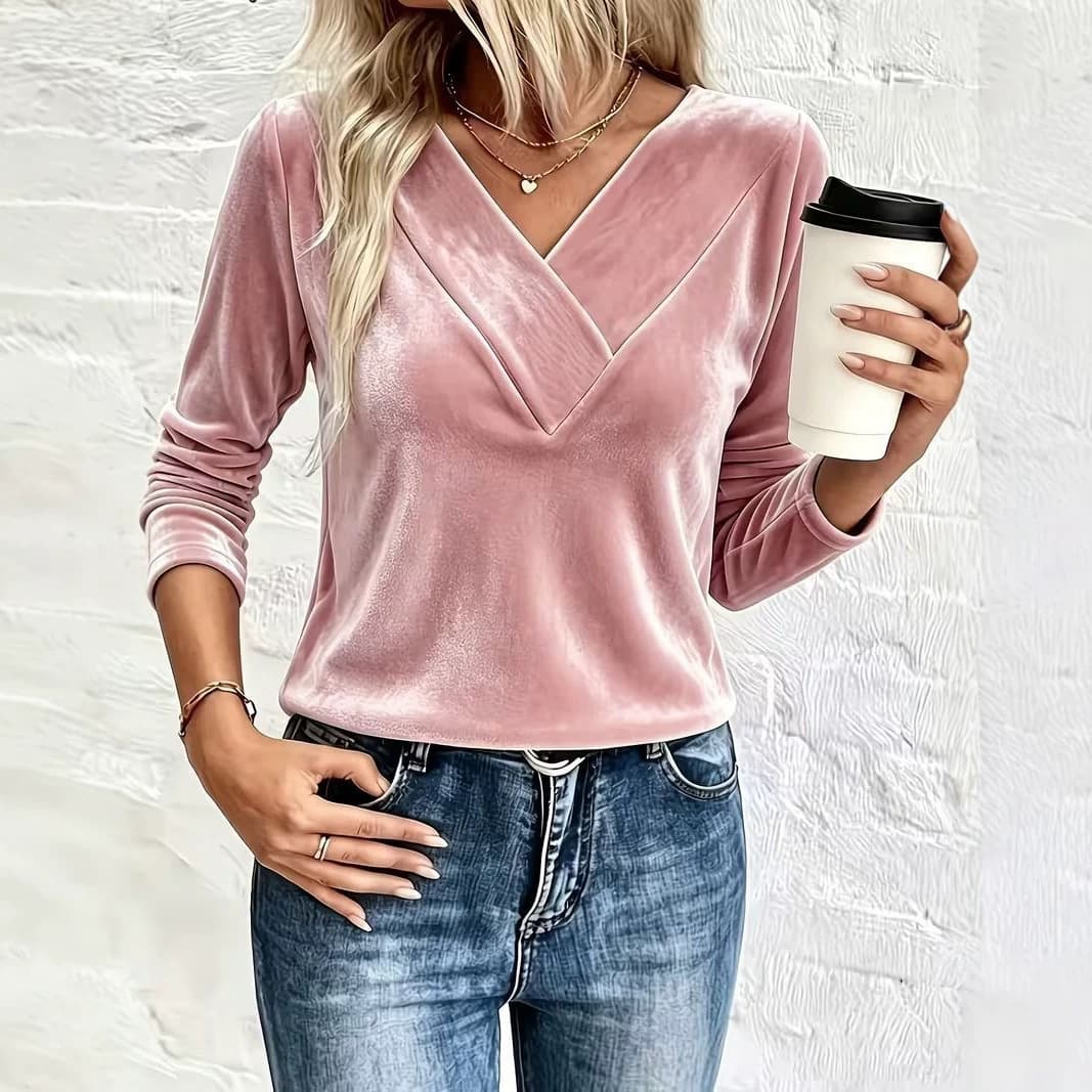 In Stock 2026 Fall New Arrival for EU/US Cross-border Amazon and Independent Sites: Elegant Velvet Long-Sleeve V-Neck Solid Color
