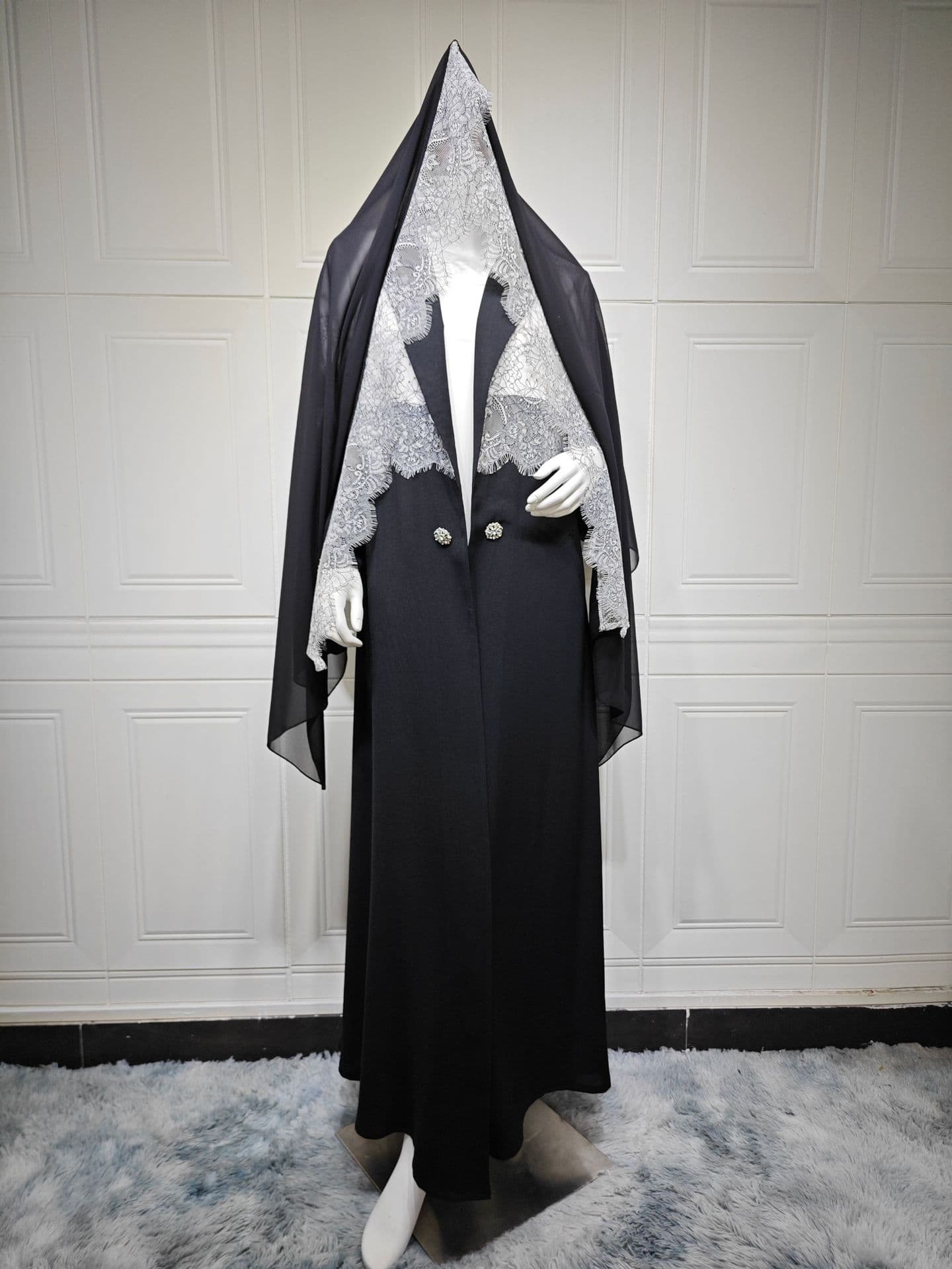 MQ250 Factory Direct Modest New Jacket Lace Trim Stitching Headscarf Turn-Down Collar Long Robe Outerwear Women's Clothing