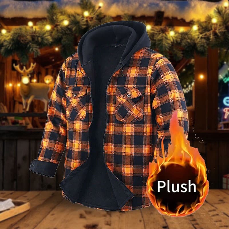 Cross-border Thermal Shirt Men's Fleece-Lined Plaid Long Sleeve Shirt Thick Hooded Flannel Fleece Shirt Men Wholesale
