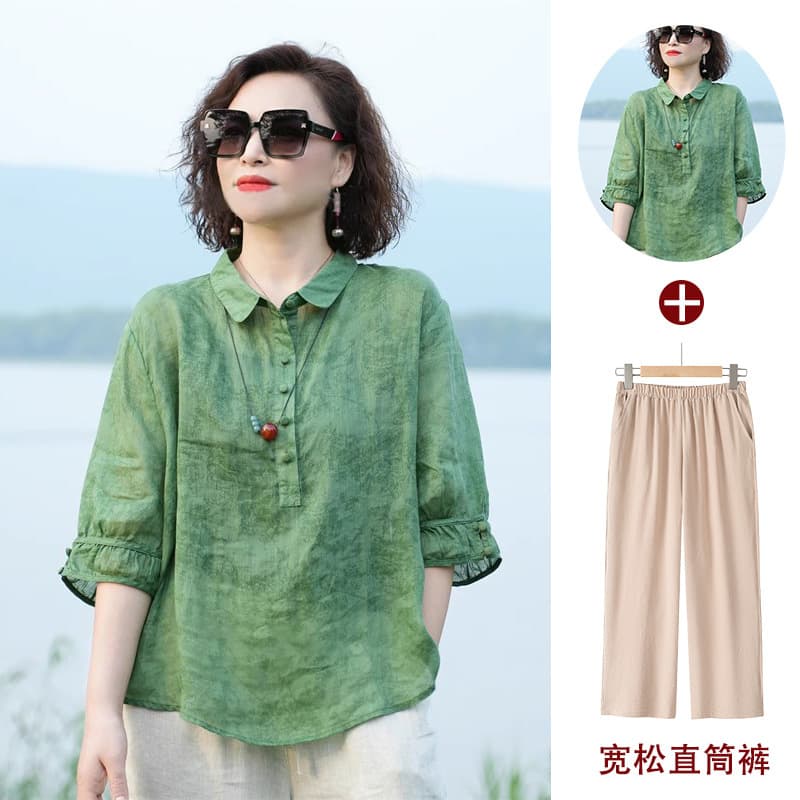 Ramie Shirt Women Jacquard Vintage Blouse Mid Sleeve Loose Fit Slimming Concealing Thin Shirt Artistic Summer Set Women