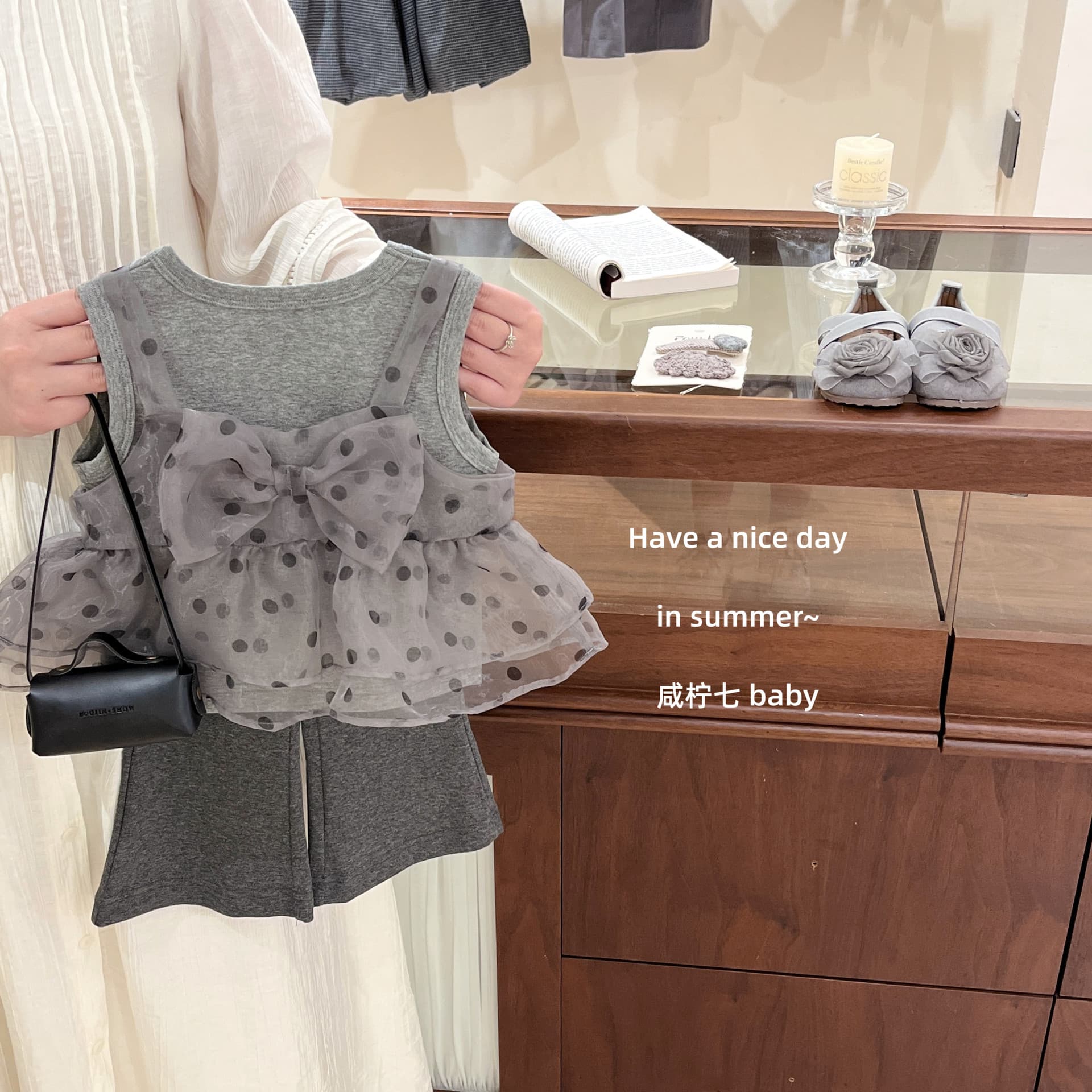 【Xian Ning Qi】Original! Baby girl summer Korean style vest mesh bow polka dot top flared pants suit
